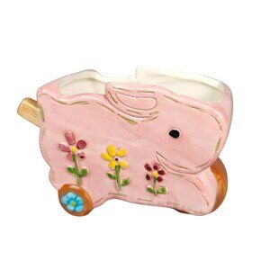 Vintage Ceramic Pink Bunny Wheelbarrow Planter Sponge Holder Floral Design